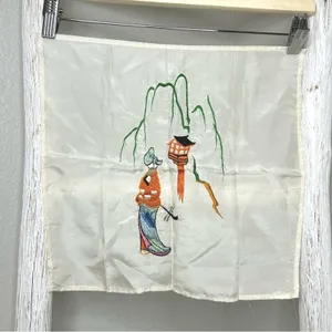 Vintage Japanese Embroidered Silk Handkerchief Geisha‎ Pagoda Willow Tree Art thumbnail 1