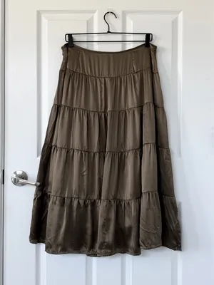 100% Silk Tiered Midi Skirt in Bronze Brown Fall Tone INC International Concepts thumbnail 2