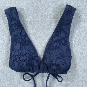 Aerie Floral Lace Bikini Swim Top Size Medium Navy Blue Tie Close V-Neck Beach thumbnail 1