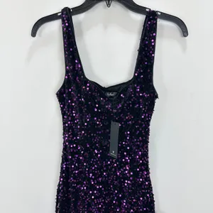 Lulus Seeing Sparkles Dark Purple Velvet Sequin Square Neck Mini Dress Small NWT thumbnail 6
