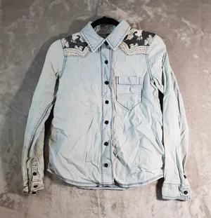 Free People XS Blue Denim Western Paisley Button-Up Shirt Pockets thumbnail 1