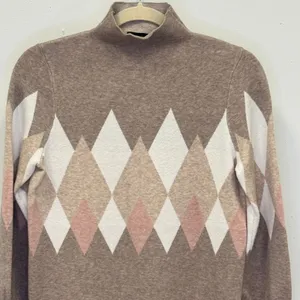Rachel Zoe Women's Argyle Mock Neck Sweater Diamond Pattern Taupe Pink Cream Med thumbnail 3