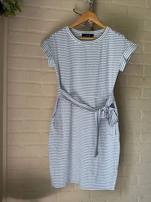 Merokeety dress Striped Tie Waist Casual Dress in Light Blue White pockets soft thumbnail 2