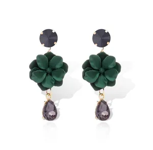 Women's Green Flower Crystal Teardrop Dangle Drop Earrings thumbnail 4