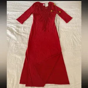 Zara Bright Red Fringe Knit Maxi Dress thumbnail 7