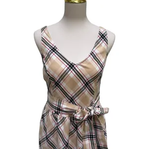 Hope & Henry Plaid Midi Dress 10 Tan‎ Organic Cotton Belted V-Neck A Line thumbnail 2