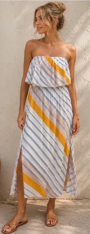 O’Neill Koia Strapless Midi Dress White Mustard Stripe Boho Beach Slit Size L thumbnail 1