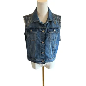 Denim BLVD LA Jean vest fringe rhinestones western cowgirl Large classic rodeo thumbnail 2