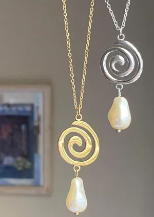 Handmade gold tone stainless steel spiral swirl uzumaki & pearl necklace🌀 thumbnail 7