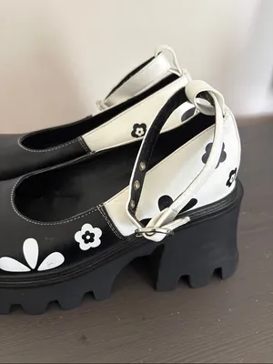 Lamoda Platform Mary Jane Y2K Heels Black White Floral Chunky Lug Sole Size 8 thumbnail 8