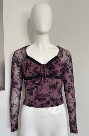 Derek Heart Y2K Purple Mesh Floral Lace Trim Long Sleeve Crop Top Grunge Blouse Women’s M thumbnail 1