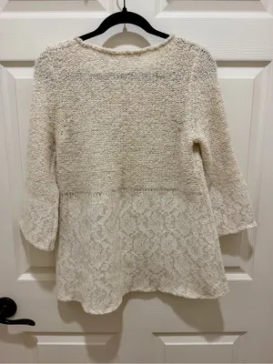 Anthropologie Knitted & Knotted Lace Hem High-Low Knit Sweater Cream Size S thumbnail 3