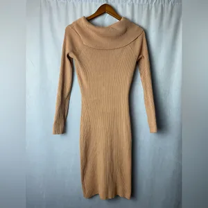 Almost Famous Camel Ribbed Turtleneck Fall Fitted Quiet Luxury Bodycon Dress L thumbnail 2