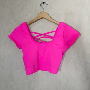 aerie Ribbed Crop Top Shirt Shortsleeve Back Criss Cross Straps in Pink Neon XXL thumbnail 3