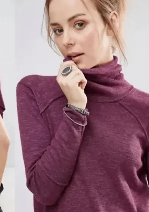 Free People We the Free Oversized Split Back Turtleneck Sweater Tunic Top‎ Plum thumbnail 1