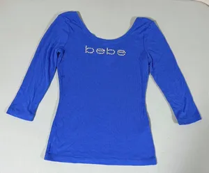 Bebe Blue Y2K Diamond Logo Graphic T-Shirt Top Blouse Tee Size XS 💎 thumbnail 1