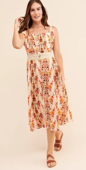 Agua Bendita Goldenrod Button Midi Dress Jazmin Orange Cream Womens Size Large thumbnail 1