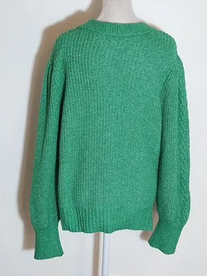 Crown and Ivy Green Relaxed Fit Cable Knit Puffy Sleeve Sweater Size Large thumbnail 3
