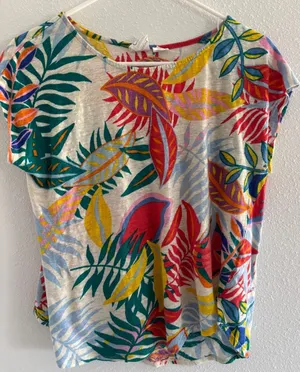 C&C California Top Womens Large‎ 100% Linen Colorful Leaves Beachy Coastal Boho thumbnail 1