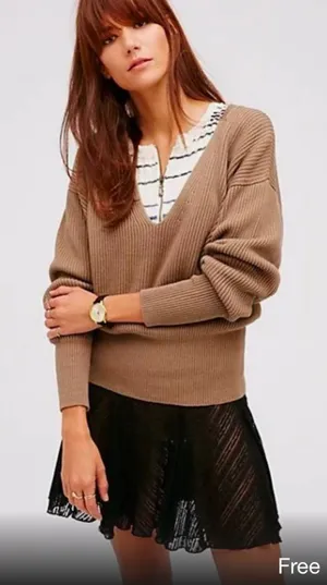 Free People Allure‎ Pull Over Deep V-Neck Ribbed Sweater Taupe Brown Size Small thumbnail 1