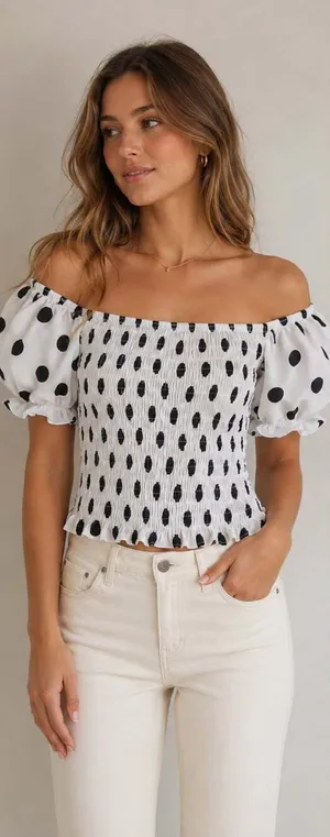 POL Women's Off-Shoulder Shirred Polka Dot Puff Sleeve Crop Top thumbnail 1