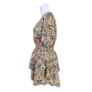 Zara AOP Ikat Print Tiered Elastic Waist Dress Tan Green Tribal MEDIUM Boho Chic thumbnail 3