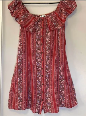 American Eagle Boho Dress Ruffle Off The Shoulder Rose Pink Button Front thumbnail 2