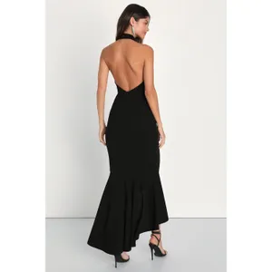 NWT Lulus Elegant Grace Black Tiered Halter High-Low Maxi Dress Backless Gala M thumbnail 3
