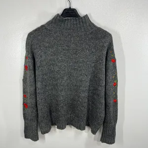 Umgee Floral Embroidered Mock Neck Sweater Women Gray Cottagecore Cozy‎ Boxy thumbnail 3