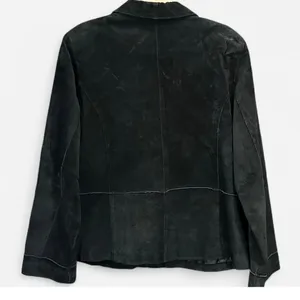 Y2K Black Suede Leather Jacket Oversized French Chic XL thumbnail 4