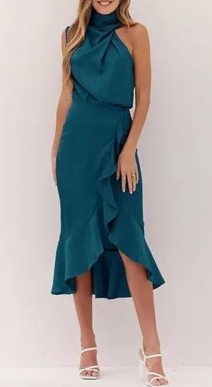 NEW Satin Sleeveless Mock Neck Wrap Mermaid Hem Maxi Dress XL thumbnail 2