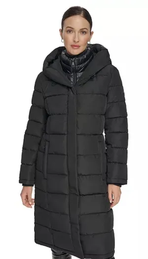 DKNY Women's Bibbed Hooded Puffer Coat Black Size XXL Long thumbnail 1