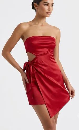 Saints +Secrets Strapless Red Satin Mini Dress with Side Tie Cutout thumbnail 1