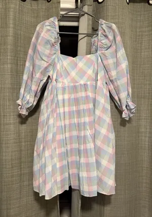 Storia Pastel Plaid Puff-Sleeve Dress in Pink, Blue, Green & Cream thumbnail 1