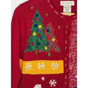 Vintage White Stag Christmas Cardigan Sweater Small‎ Red Holiday Snowman Tree thumbnail 2