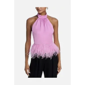 Ramy Brook Faux Feather Trim Halter Top Womens L Pink Fiyero Party Blouse NWT thumbnail 13