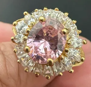 Vintage 925 Gold Over Sterling Pink Oval CZ Flower Cocktail Ring Size 8.5 7g. thumbnail 8