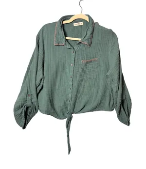 Natural Life Womens Top XL Green Gauze Tie Front Blanket Stitch Boho Cottagecore thumbnail 1