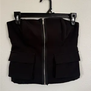 Black Strapless Corset Top Bustier w/ Front Zipper & Utility Pockets size small thumbnail 2
