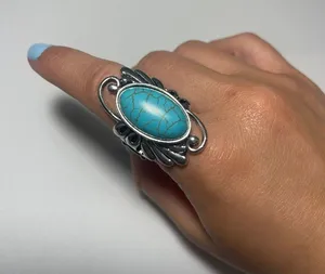 Turquoise Statement Ring unmarked silver tone boho chic festival wear Blue thumbnail 1