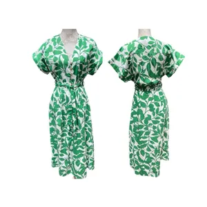 Coastal White Green Botanical Cotton Maxi Shirt Dress Belted Pockets Zara M thumbnail 4