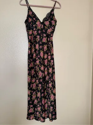 Zara Black Rose Floral Satin Maxi Slip Dress XS Lace Trim Dark Coquette Y2K thumbnail 2