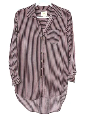 Maeve Anthropologie Striped Tunic Shirt Womens XS Button Down High Low Red Navy‎ thumbnail 1