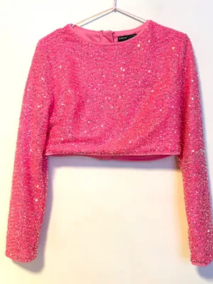SHEIN Sequin High Neck Long Sleeve Crop Top Glitter Bright Hot Pink Womens Large thumbnail 2