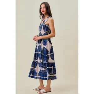 SO ME Abstract Print Smocked Bodice Tiered Lined Midi Dress - Navy - Large thumbnail 7