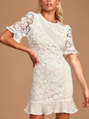 Lulus My Dearest White Lace Short Sleeve Mini Dress Medium White Bridal Cocktail thumbnail 1