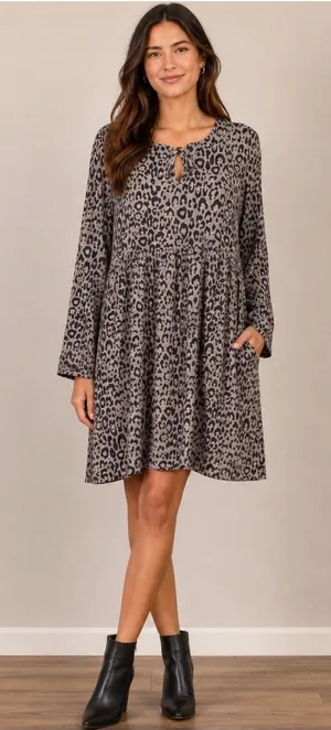Loft Gray/Black Leopard‎ Print Babydoll Dress, Medium thumbnail 1