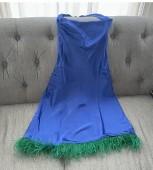 Weworewhat Blue Satin And green Feather Dress thumbnail 2