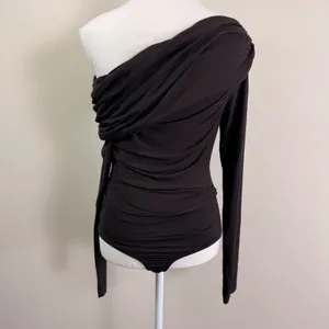 Agolde Kira Bodysuit Black Brown Ruched One Shoulder Long Sleeve Modal Top XS thumbnail 7
