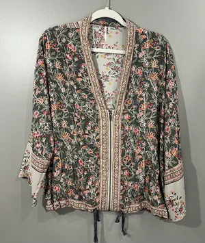 Free People Windflowers Printed Kinched Zip Kimono Grey XS/S thumbnail 1